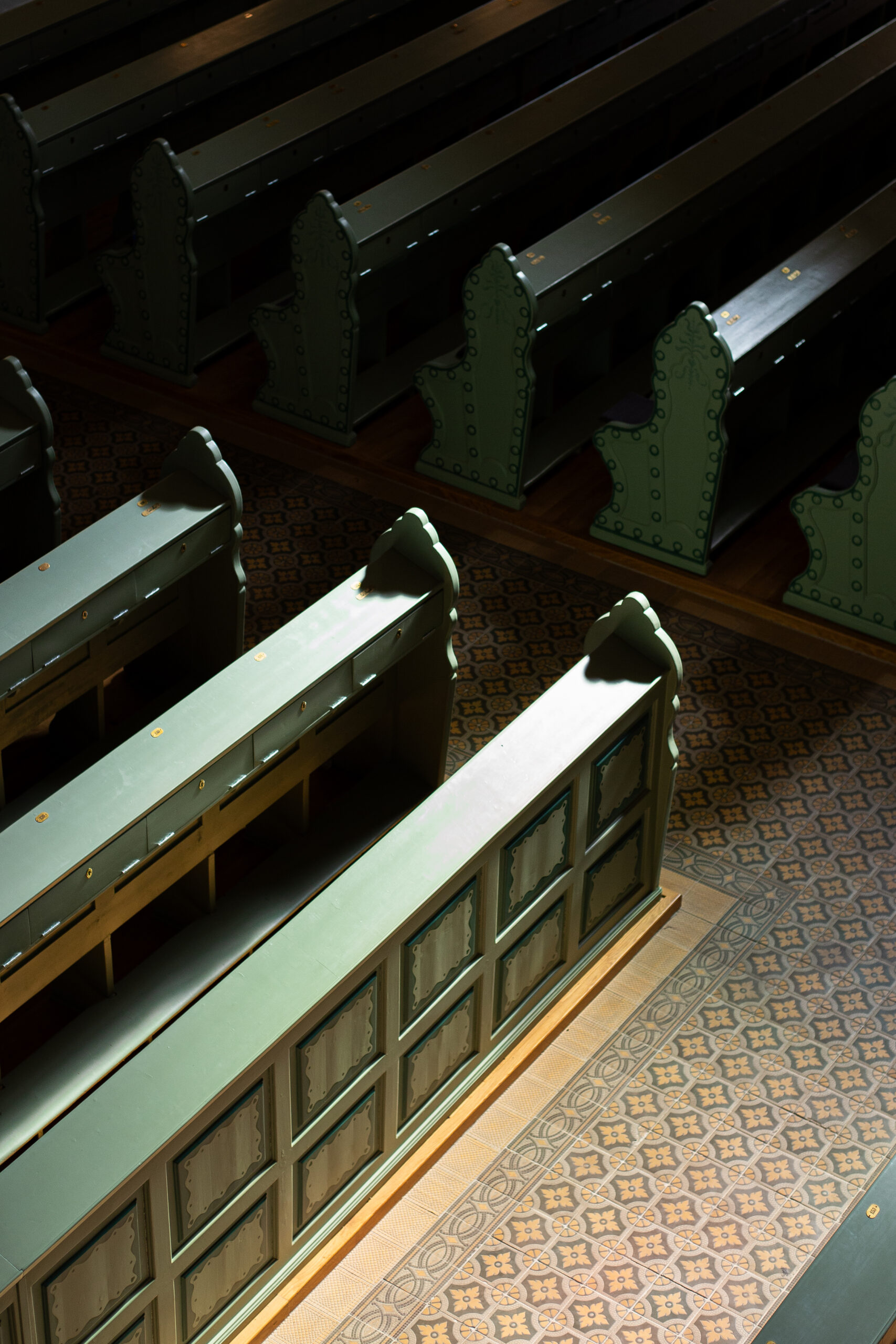 Interior details of the Sinagogue in Subotica, Serbia - colorful seating
