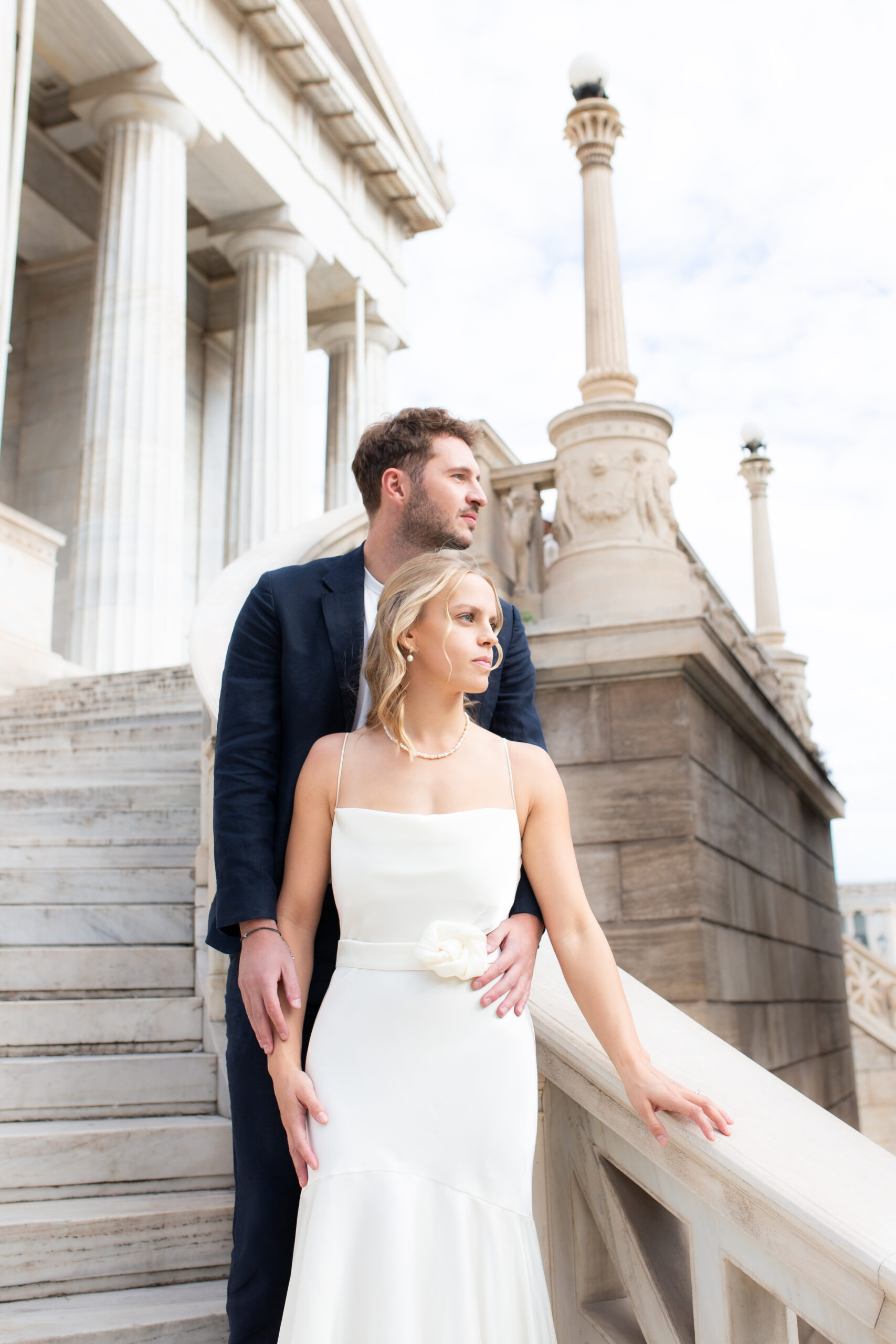 Beautiful, editorial style portrait of the bride and groom, photographed in editorial-style in Athens, Greece