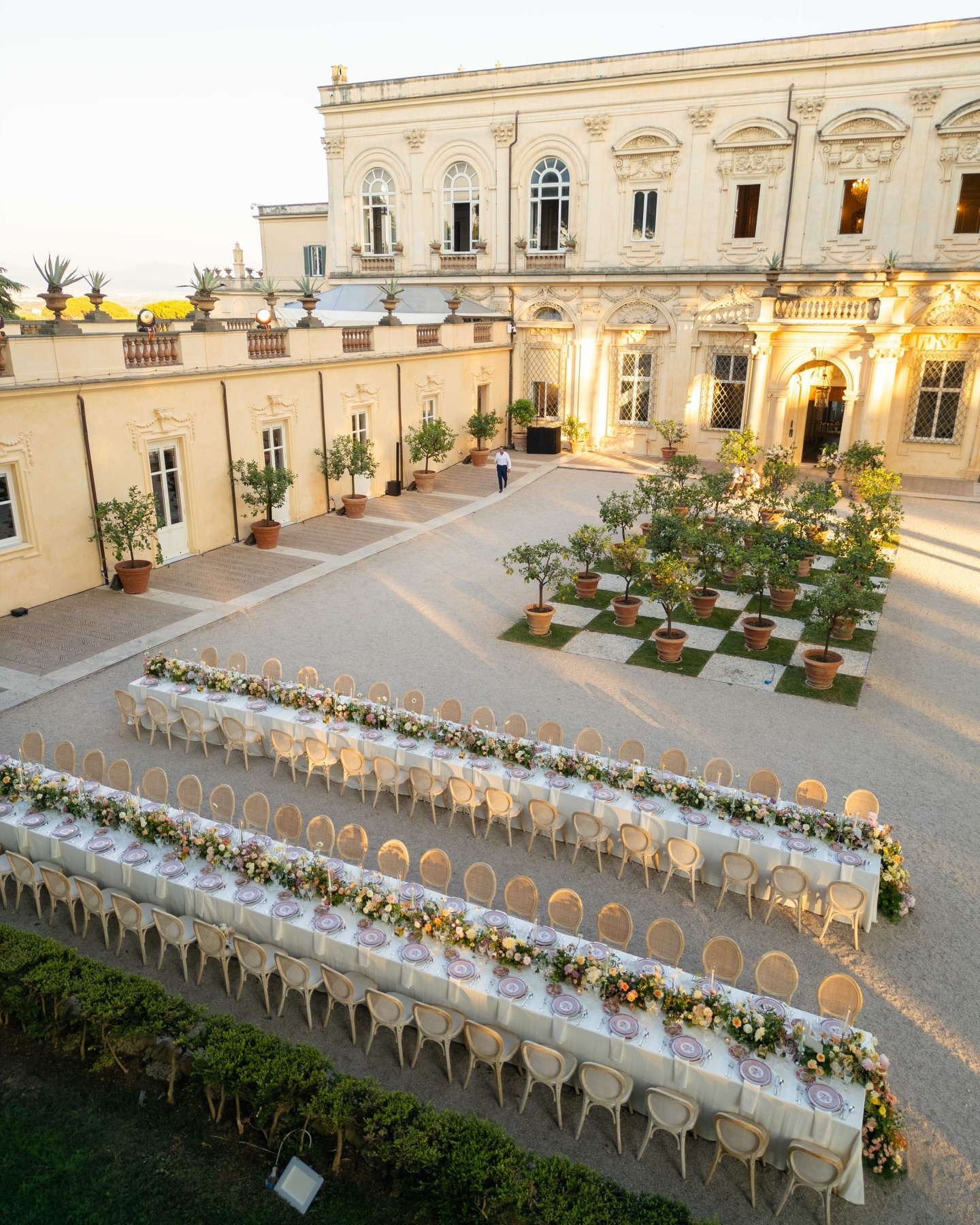 Drone shot of beautifully decorated Villa Aurelia before the wedding guests arrival