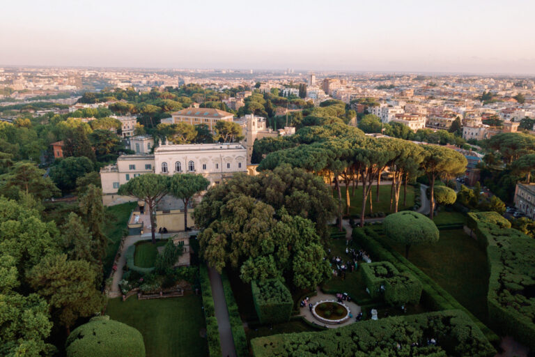 Villa Aurelia wedding venue in Rome, Italy - drone shot with city landscape in the background