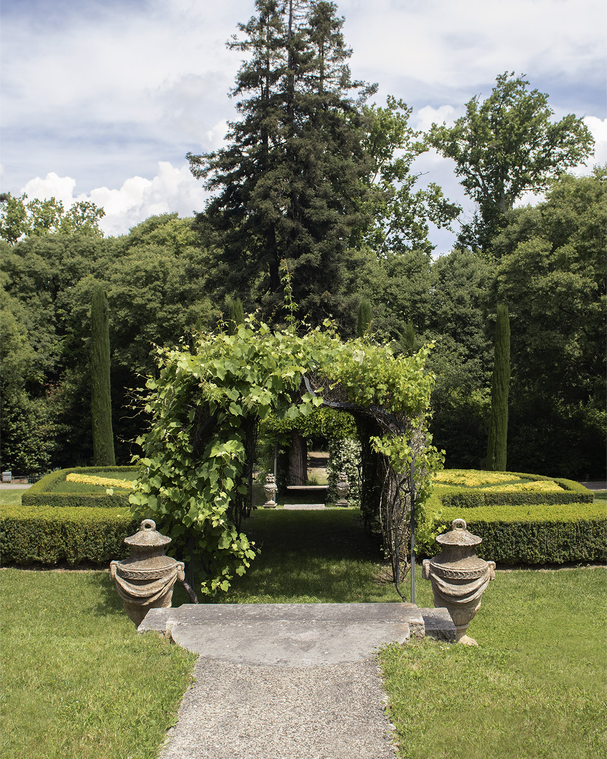 The gardens of Château de Forbin in Provence, France, featuring a vine-covered archway, sculpted hedges, and stone urns, are shown in a serene, nature-focused editorial style.