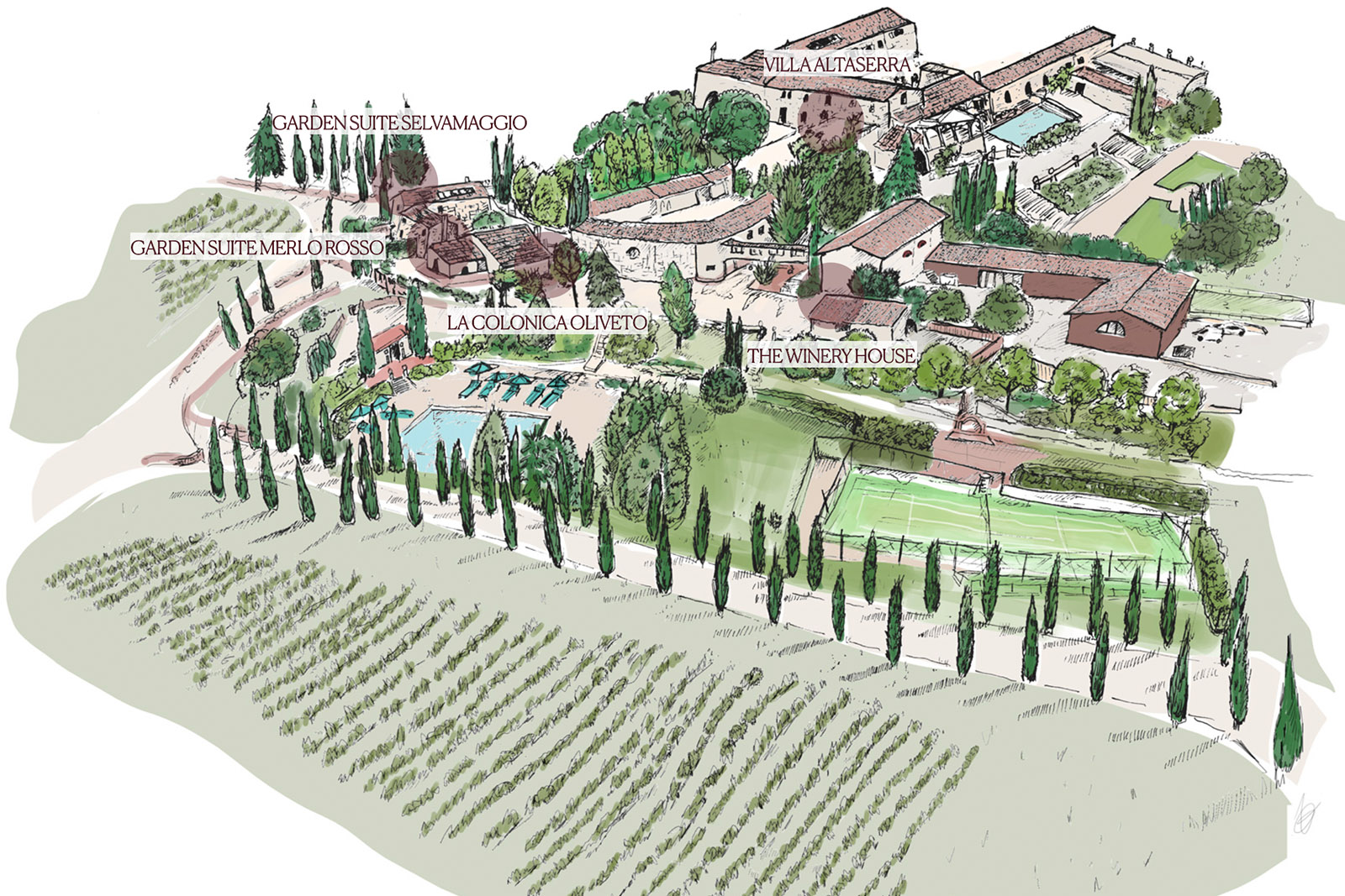 A hand-drawn map of a countryside estate in Tuscany, Italy, showing villas, gardens, vineyards, and a pool, illustrated in a soft, editorial watercolor style.