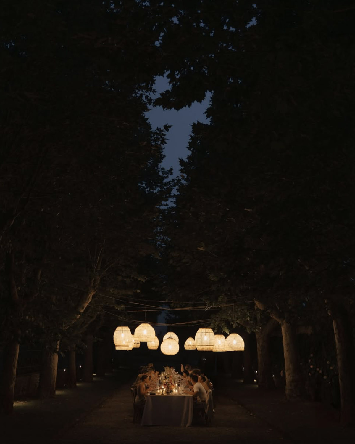 In a tree-lined avenue at night, a long candlelit dinner table sits beneath hanging lanterns while guests gather, captured in a dramatic, editorial-style wedding scene.