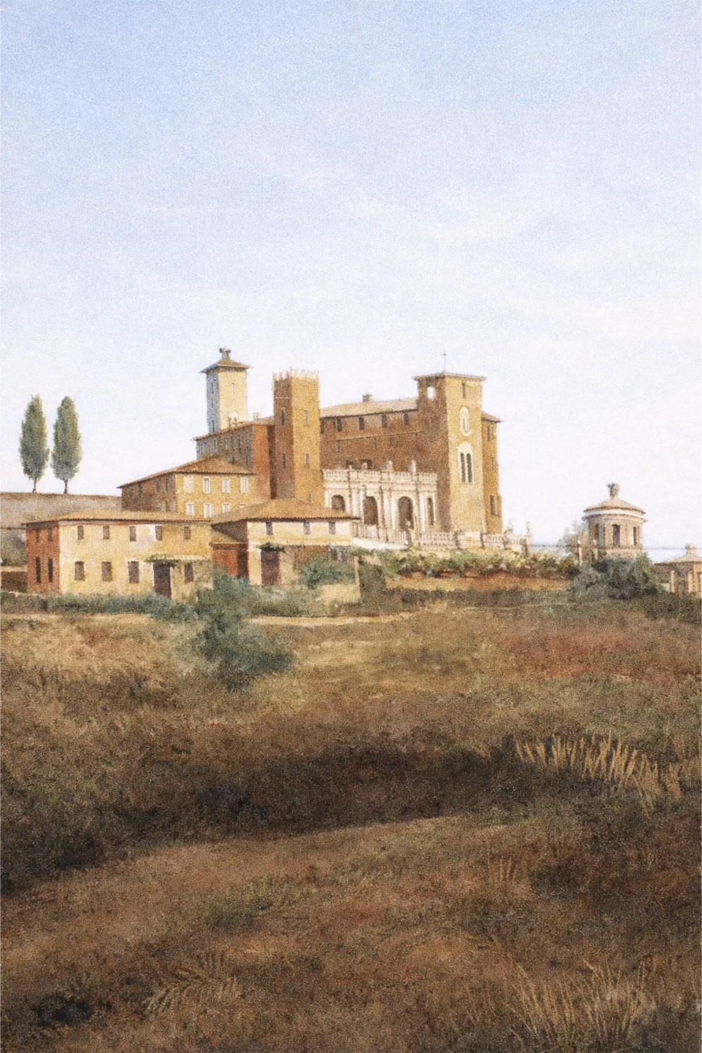 A painting depicting Castello di Celsa in Tuscany, Italy, capturing the estate surrounded by the rolling Tuscan countryside.
